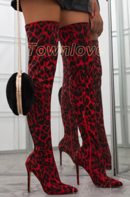 Women Leopard Print Thigh High Stretch Boots Pointed Toe High