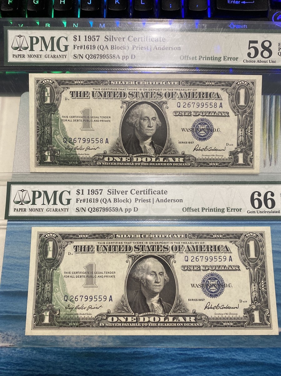 1957 $1 One Dollar Silver Certificate Error Offset Printing PMG 2