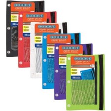 6/pk BAZIC Double Zipper 3-Ring Pencil Pouch with Mesh Window