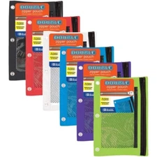 6/pk BAZIC Double Zipper 3-Ring Pencil Pouch with Mesh Window