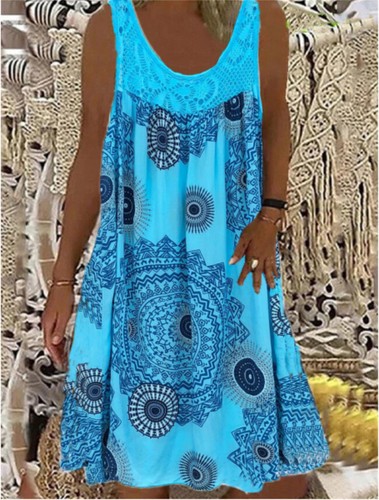 Womens Sleeveless Retro PRINT Summer Baggy Kaftan Lace Loose Top Dress Plus Size - Picture 12 of 25