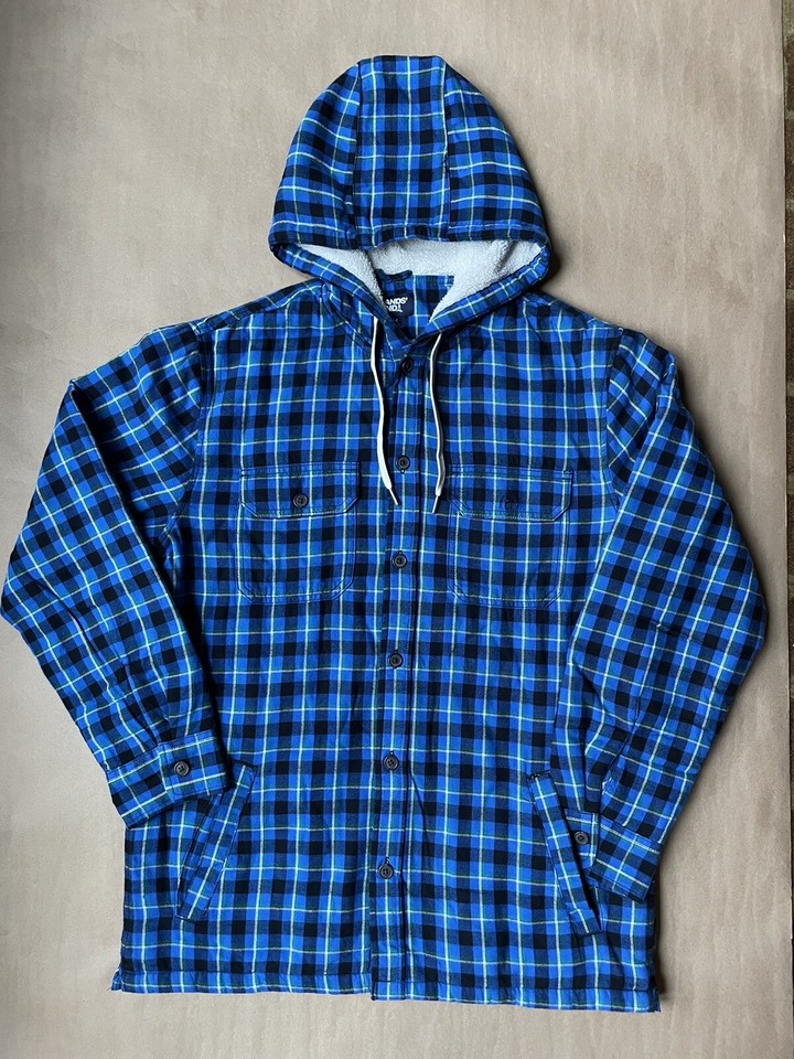 LANDS END Flannel Sherpa Lined Hooded SHIRT JACKET Size MEDIUM New