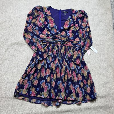 #ad Aqua Dress Womens Large Floral Long Sleeve V Neck Metallic Fit amp; Flare Lined NEW $19.99