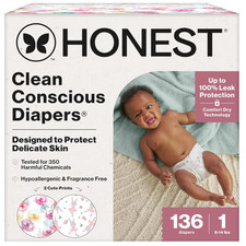 Honest Company 136 Pack Clean Conscious Unisex Size 1 Disposable Baby Diapers