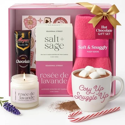 Christmas Gift Set for Women w/ Mug, Fuzzy Socks, Candles & Hot Chocolate Sachet