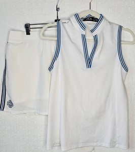 RLX RALPH LAUREN 2 PC WHITE&BLUE STRIPED GOLF TENNIS SET *TOP- XS &SKIRT/SKORT-M