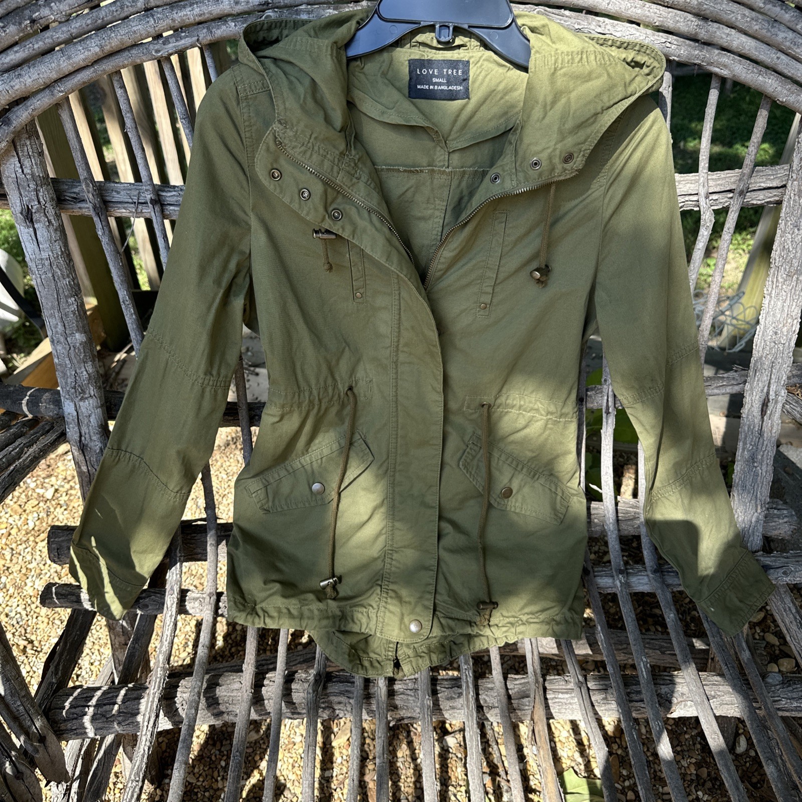 Love Tree Olive Green Utility Jacket Hooded Button Snap Zip Pockets Small (A50)