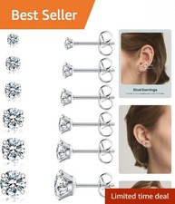 Stylish 6 Pairs of 3-8mm CZ Stud Earrings Set, Hypoallergenic Steel Collection