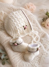 Handmade Crochet baby Set Bonnet , Booties Headband Baby Shower 0-3 Months
