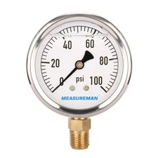 2-1/2" Dial Size, Glycerin Filled Plumbing Pressure Gauge, 0-100psi, Stainles...