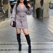 Forever 21 Grey Ribbed Knit Wrap Dress Dolman Sleeve Tie Waist Mini Size S