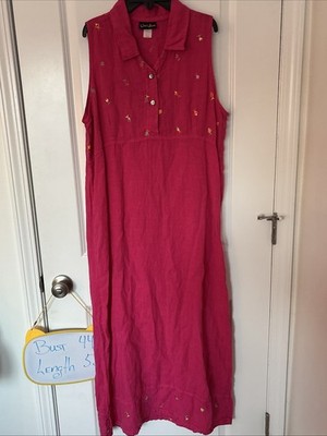 Liz & Jane Sz Large Pink Preshrunk Linen Maxi Dress Fish Embroidery