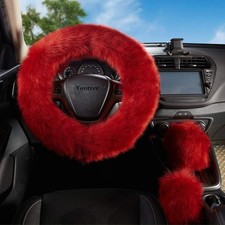 5 PCS Fluffy Steering Wheel Covers Set, 15 Inch Soft Steering Wheel Wine Red