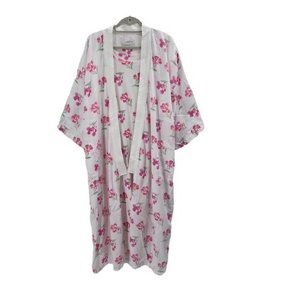 Vintage CRABTREE & EVELYN Long Nightgown Kimono Robe White Cotton Pink Floral M
