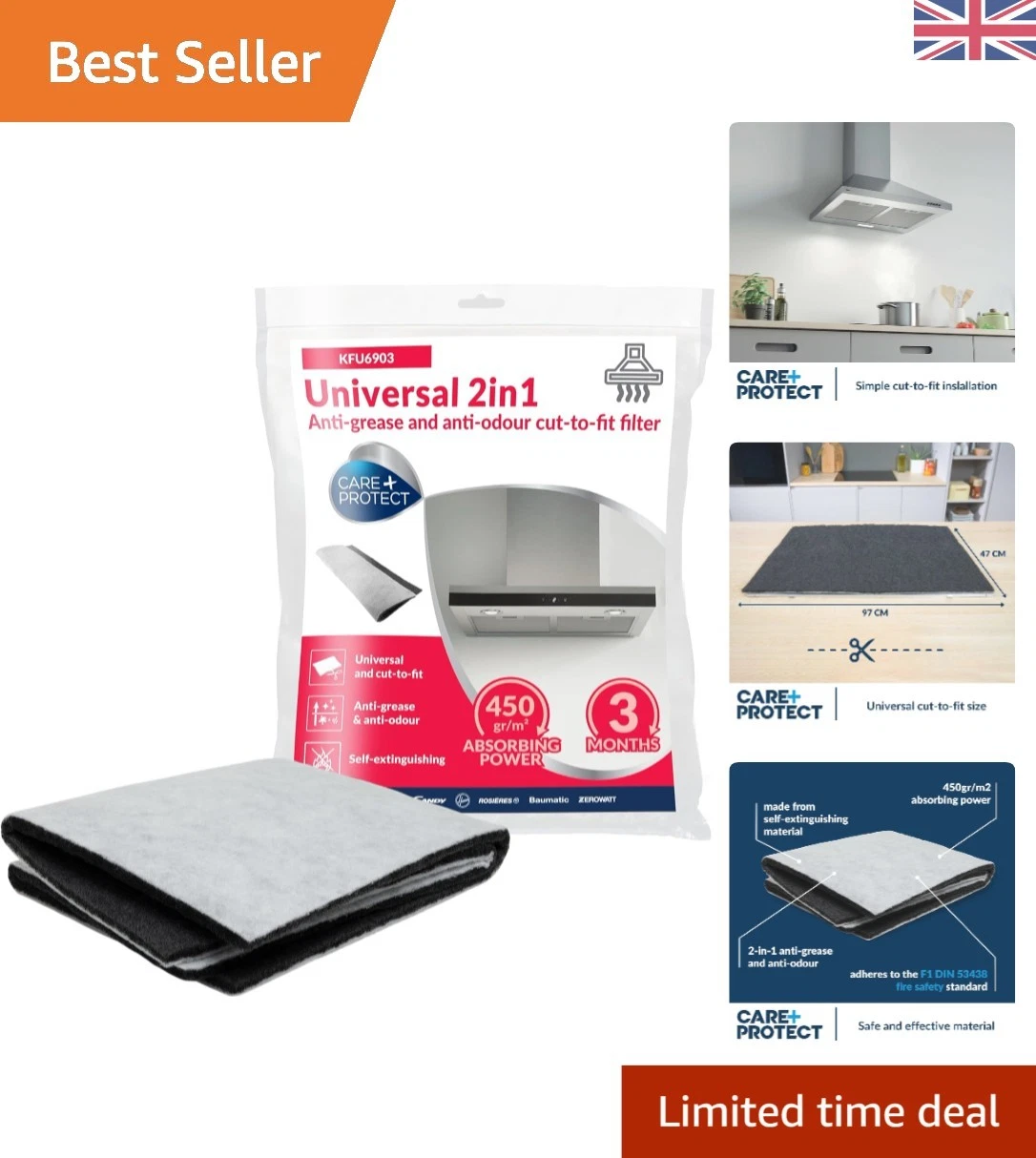 High Absorption Anti-Grease & Odour Filter for Hoods - Safe Cut-to-Fit Design