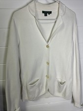 VTG Lauren Ralph Lauren White Cotton Blazer Women s Medium 3-Button Sweater