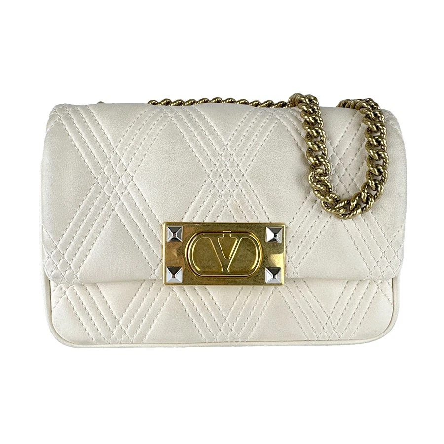 Valentino — Auth Valentino Garavani Chain Shoulder Bag Off White/Gold Leather/Metal - z9123