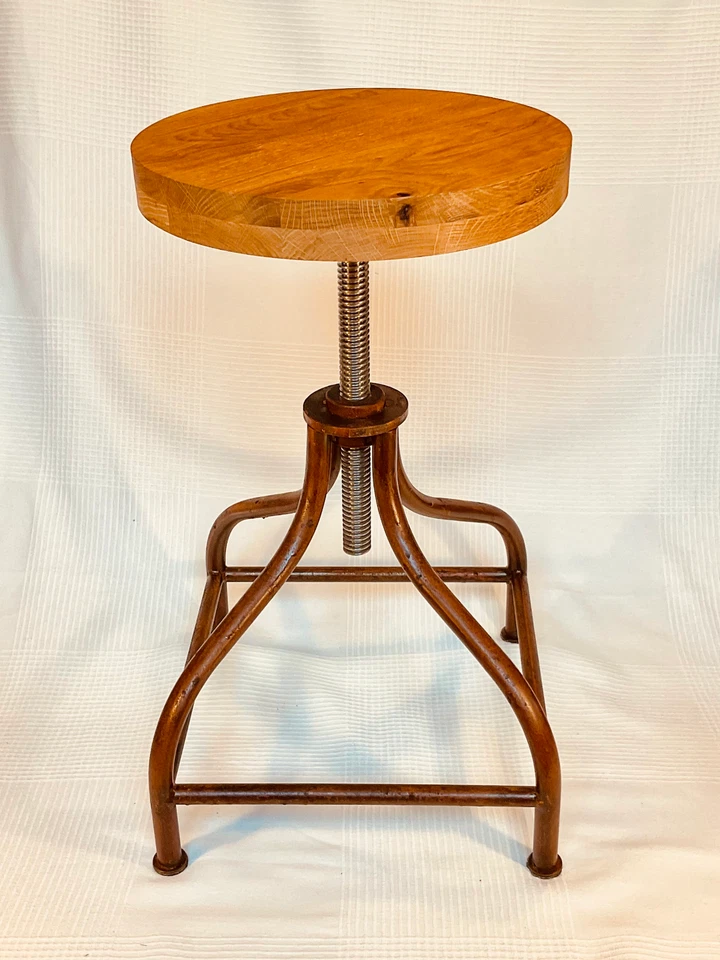 Bar stool, handmade, rusted steel, oak seat, adjustable height - Image 2 of 4