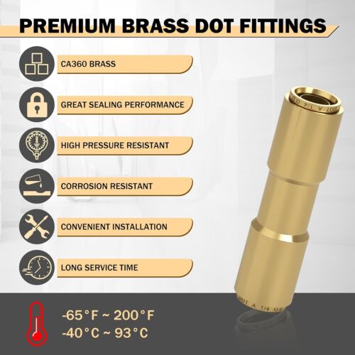 6 PCS 1/4 Brass DOT Air Line Fitting Straight Union Quick Connect Fittings 1/4 - Picture 4 of 11
