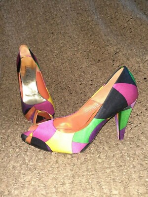 LORIBLU-Color Block-Multi-Color-Satin Heels-Peep-Toe-Size 37/6.5-Excellent