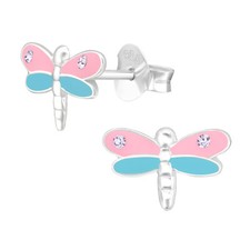 925 Sterling Silver Crystal Dragonfly Pastel Pink Blue Kids Girls Stud Earrings