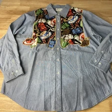 The Quacker Factory Chambray Button-Up Shirt Coffee Country Denim USA Womens L