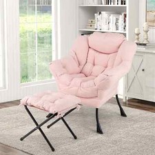 Upholstered Sherpa Reading Chair Accent Sofa Chair Set w/Footrest-Pink