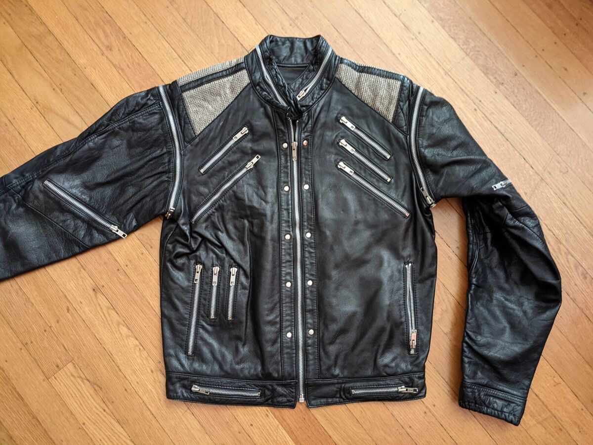 GENUINE 80s VINTAGE MICHAEL JACKSON BEAT IT BLACK LEATHER ZIPPER JACKET S 36