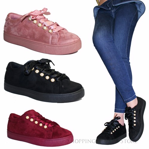 Scarpe donna Sneakers Scamosciate Perle Ginnastica Stringate Lacci Raso B02  | eBay