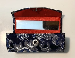 Vtg Yik Fung Floral Satin Lipstick Case w/Mirror Blue Embossed Wedding/Prom/etc.