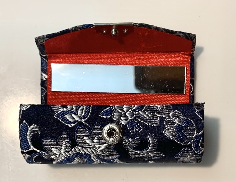 Vtg Yik Fung Floral Satin Lipstick Case w/Mirror Blue Embossed Wedding/Prom/etc.