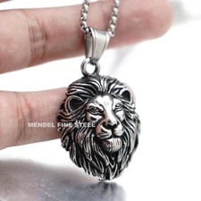 MENDEL Cool Mens Stainless Steel Lion King Head Pendant Necklace Silver For Men