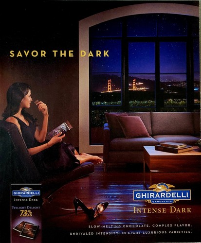 2014 Ghiradelli Intense Dark - Print Ad - Woman Eating Chocolate City Bridge