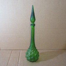 Vtg 1960's Green Glass Hobnail Genie Bottle Decanter w Stopper 20" Italy Vase