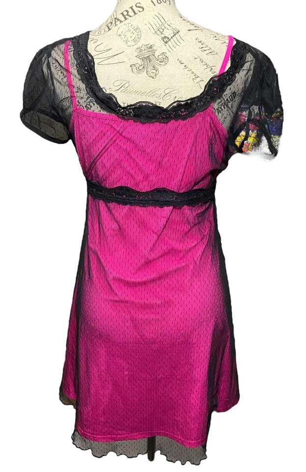 Delias Babydoll Mini Dress Hot Pink Black Sheer Mesh Whimsigoth Y2K 90s Retro - Image 3 of 4