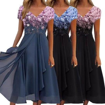 Plus Size Women Print Short Sleeve Swing Dress Evening Cocktail Party Midi Gown