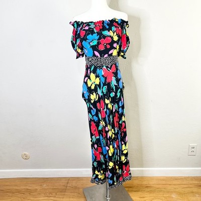 RIXO Target Maxi Dress Off Shoulder Floral Black Multicolor Short Sleeve Size 2