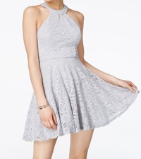 B. Darlin Women's Gray Lace Halter Fit & Flare Evening Dress Size 13/14