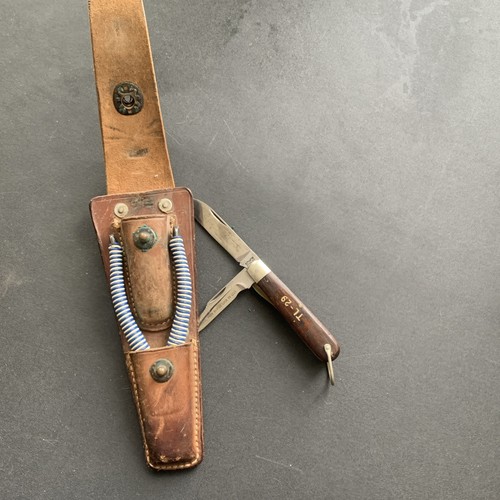 US Army Signal Corps Lineman's Brown Leather Tool Carrier W/Knife & Wire Cutter - Bild 4 von 7