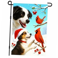  Winter Garden Flag 12x18 Inch Christmas Border Collie Dogs Dog Cardinal Birds