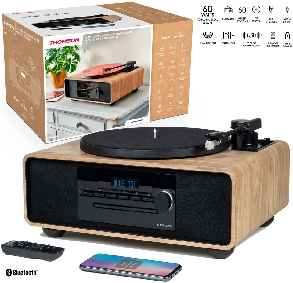 THOMSON MIC300TT GIRADISCI 45 33 GIRI IMPIANTO STEREO HIFI CD MP3 Bluetooth® RAD