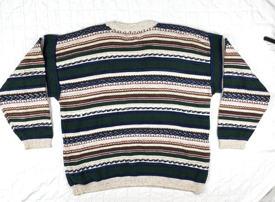 VTG 90s Jantzen Lightweight Cotton Green Blue Beige Striped Grandpa Sweater XL - Image 2 of 4