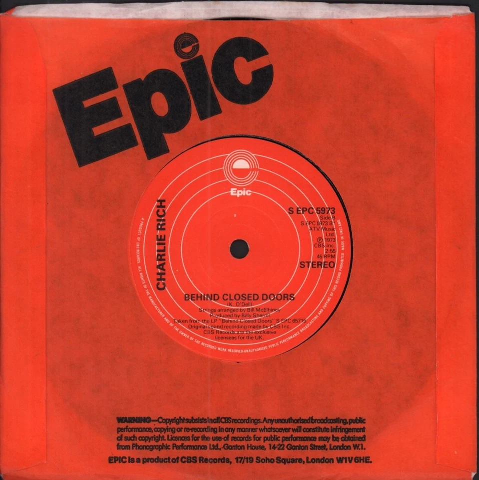 Charlie Rich Most Beautiful Girl 7" vinyl UK Epic 1973 company sleeve SEPC5973 - Image 2 of 2