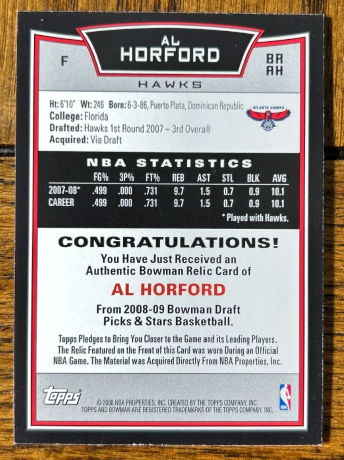 2008-09 Bowman Draft Picks & Stars Bowman Relics Al Horford #BRAH Jersey - Image 2 of 2