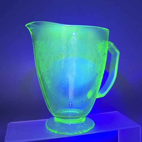 Hazel Atlas Uranium Glow Glass Florentine Green Footed Water Pitcher 6.5" Tall