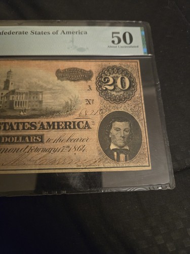 T-67 1864 20 Confederate States of America PMG 50 About Unc S/n 68210 - Picture 11 of 12
