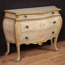 Comò veneziano laccato dipinto dorato mobile 3 cassetti cassettone XX secolo