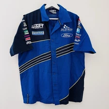 SBR Stone Brothers Racing Men’s Button Up Embroidered Racing Shirt - Blue Small 