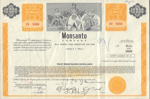 MONSANTO Creve Coeur Missouri ( now Bayer Germany ) USD 10,000 old bond 1970 - 第 1/1 張圖片