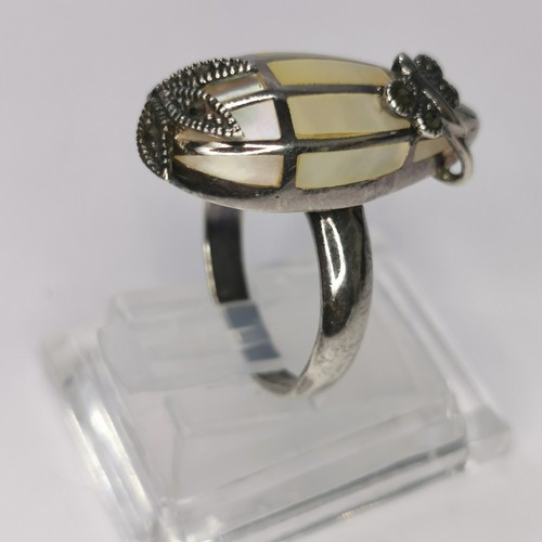 vtg ART DECO STYLE Solid Silver Ring Shimmery Mother of Pearls, Unusual, Size P - Picture 5 of 13